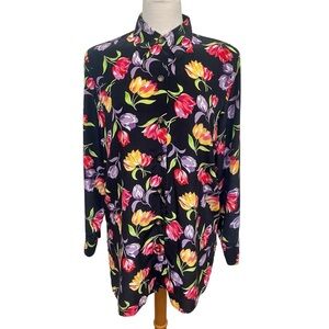 VINTAGE SILX Black Multicolor Tulips 100% Silk Collared Blouse Women's Medium